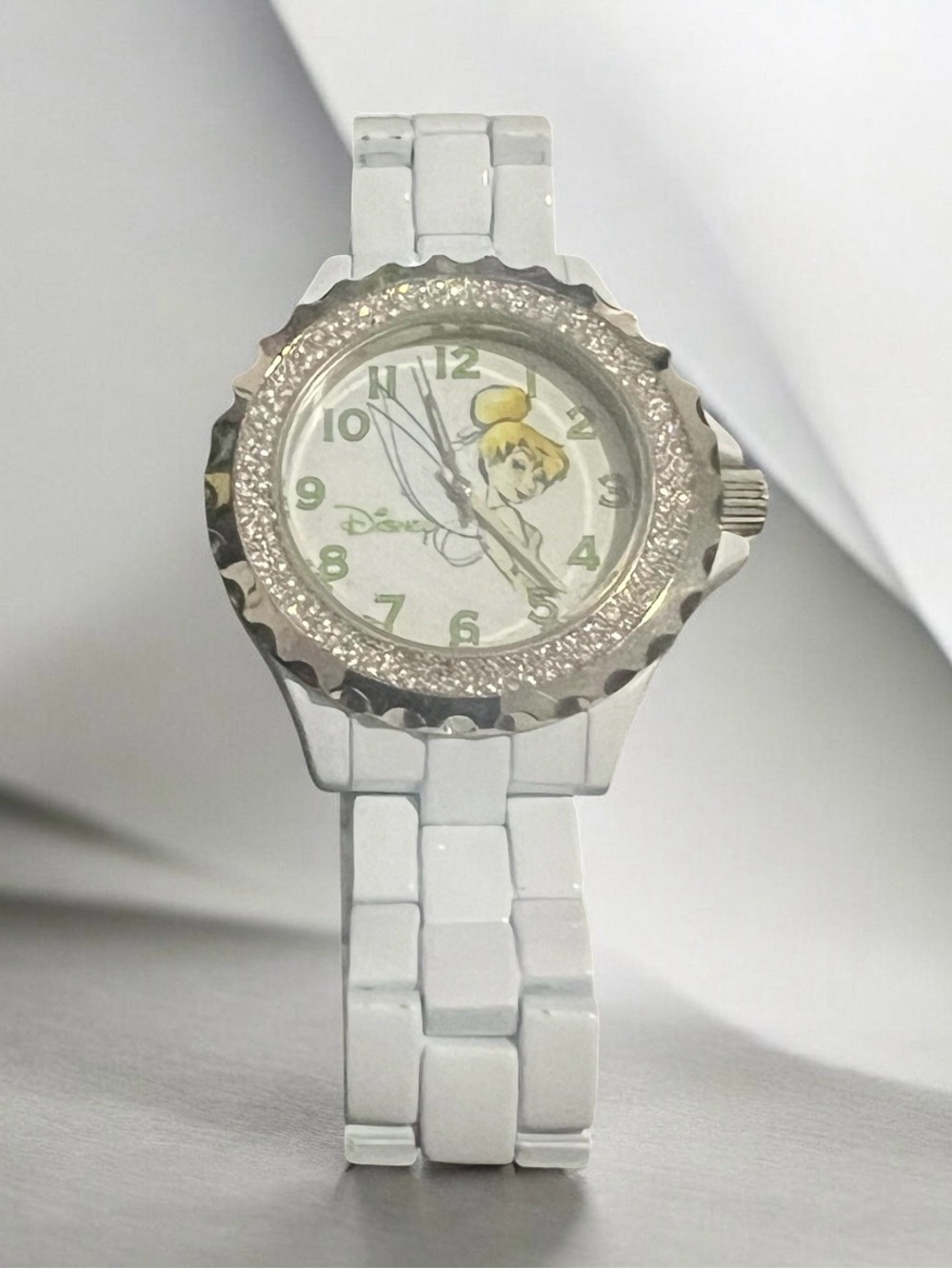 Authentic Disney Adult Size White Band with Crystal Bezel Tinker Bell Watch.